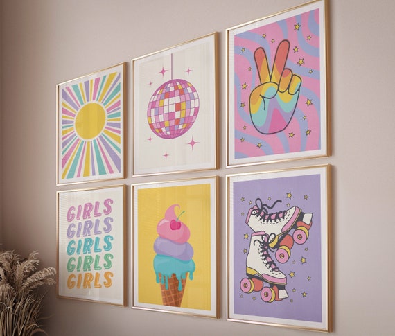 Colorful wall art poster set of 6 prints y2k room decor, Trendy wall art indie room decor, Maximalist wall art for teen girls bedroom decor