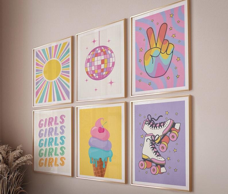 Colorful wall art poster set of 6 prints y2k room decor, Trendy wall art indie room decor, Maximalist wall art for teen girls bedroom decor image 1