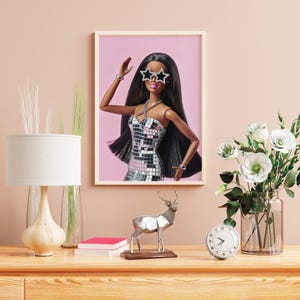 Cute pink wall art disco poster aesthetic room decor, Apartment wall art African American Fashion Doll dorm room print, Room decor for teens image 5