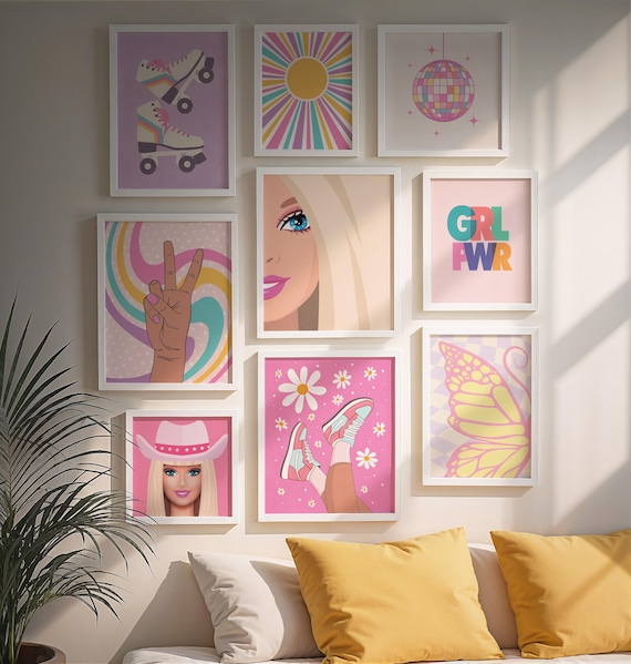Pink girly wall art set of 9 printable girly wall decor, Funky poster prints Roller skates, GRL power, butterfly poster, Colorful sun print