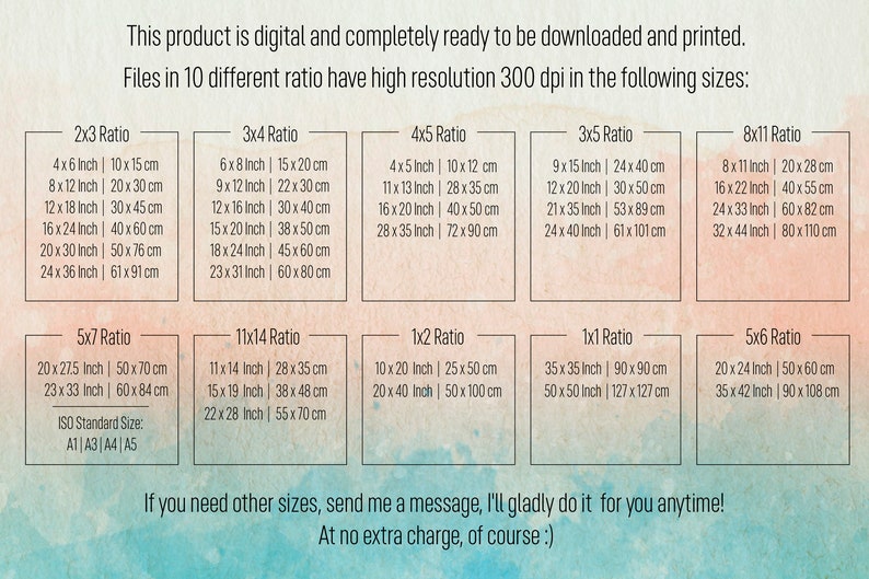Set of 3 digital prints of 10 pieces of different sizes. Included ratios are 5x7, 2x3, 4x5, 3x4, 11x14, 1x1, 1x2, 3x5, 8x11, 5x6. Custom sizes on your request.