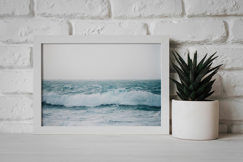 May include: A white framed photograph of a stormy ocean with large waves crashing. The photo is displayed on a white shelf next to a white planter with a green succulent plant.