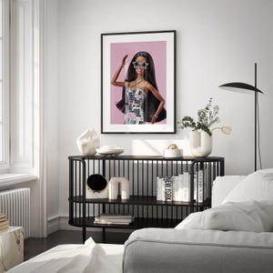 Cute pink wall art disco poster aesthetic room decor, Apartment wall art African American Fashion Doll dorm room print, Room decor for teens image 6
