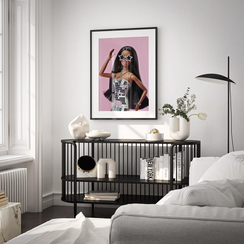 Cute pink wall art disco poster aesthetic room decor, Apartment wall art African American Fashion Doll dorm room print, Room decor for teens image 6