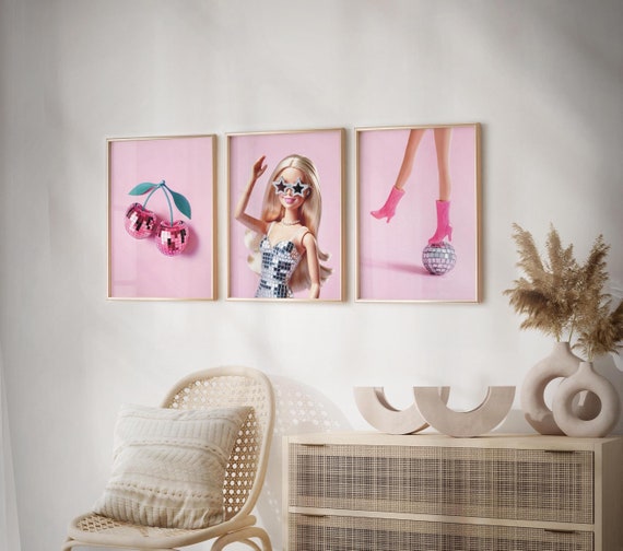 Soft pink wall art prints trendy set of 3, Funny art prints girly room decor for teens, Disco ball light pink wall art preppy dorm room art
