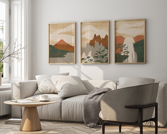 Set Of 3 Wall Art Digital Download, Green And Terracotta Wall Art, Set Of 3 Prints Nature, Green Tan Prints Abstract Mountain Landscape Art