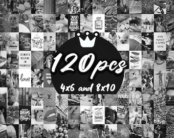 Kit de collage en blanco y negro descargable e imprimible, impresiones estéticas de collages fotográficos para pared, conjunto digital de collages para pared de 120 piezas de 4x6 y 8x10 pulgadas.