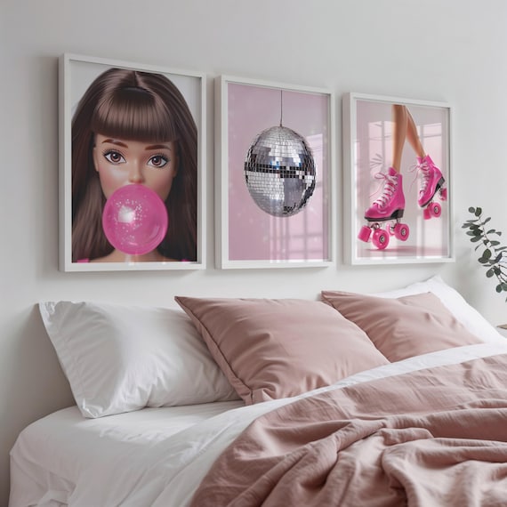 Light pink wall art set of 3, Preppy wall art Fashion Doll with Bubble Gum, Girls dorm room decor, Roller Skates art, Disco Ball digital art