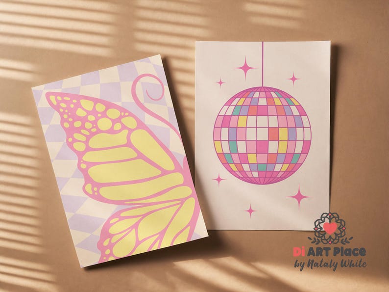 May include: Two art prints with retro designs. One features a butterfly wing in pink and yellow on a checkered background. The other showcases a disco ball with pink, yellow, and blue squares, surrounded by stars.