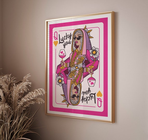 Lucky you print with playing card Queen of Hearts, Pink dorm wall art maximalist decor, Queen apartment wall art aesthetic trendy wall decor