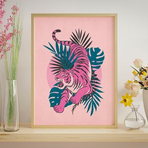 Trendy tiger print is modern printable wall decor for the dorm room, bedroom, teen room etc.