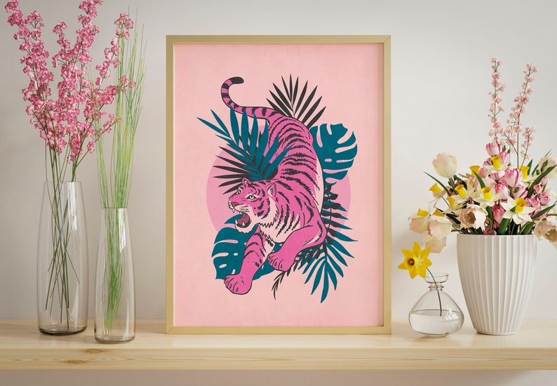 Trendy tiger print is modern printable wall decor for the dorm room, bedroom, teen room etc.