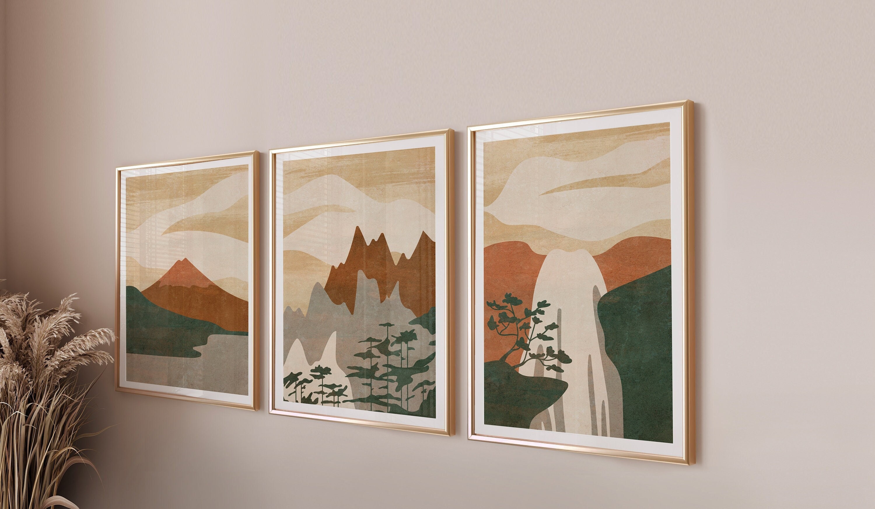 Set of 3 Wall Art Digital Download, Green and Terracotta ...