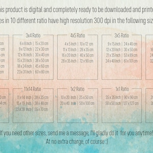 Set of digital prints of 10 pieces of different sizes. Included ratios are 5x7, 2x3, 4x5, 3x4, 11x14, 1x1, 1x2, 3x5, 8x11, 5x6. Custom sizes on your request.