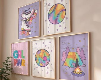 Lot de 5 oeuvres d'art murales sportives pour chambre de fille, décoration de chambre d'adolescente, esthétique de décoration de dortoir, art mural numérique d'activités imprimables à la mode