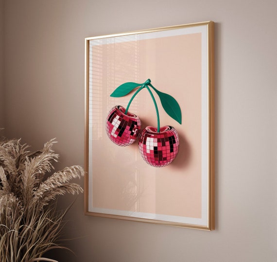 Cherry wall art in red pink disco balls aesthetic room decor, Disco ball wall art cherry print, Apartment wall art cherry mirrorball poster