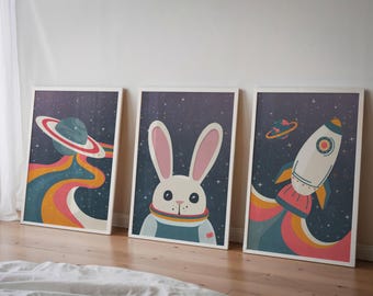 宇宙の保育園アートプリント：モダンな男の子の赤ちゃんの部屋の装飾