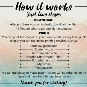 The prints are downloaded instantly. For printing pictures you can use any online printing service. You can choose any material and type of printing, as well as arrange for delivery and get the ready-made prints in the shortest possible time.