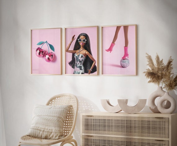 College apartment wall art decor, African American fashion doll disco poster set of 3 wall prints, Trendy wall art pink college dorm prints
