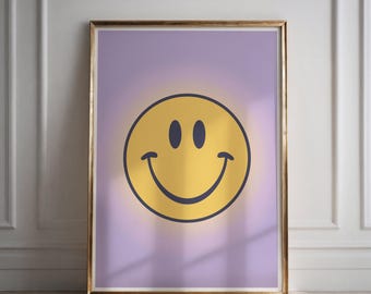 Preppy wall art Smiley face poster with yellow purple gradient, Aesthetic teen room decor wall art, Bedroom print digital download wall art
