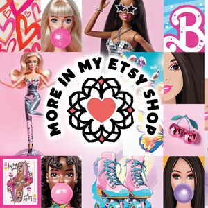 May include: A collage of images featuring a variety of colorful and whimsical items, including roller skates, dolls, hearts, cherries, and a disco ball. The text "More in my Etsy Shop" is featured in the center of the image.