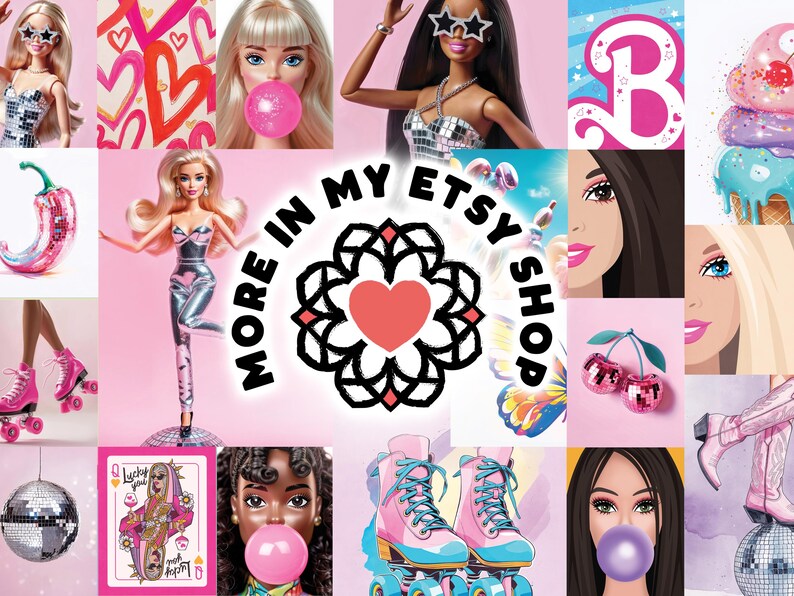 May include: A collage of images featuring a variety of colorful and whimsical items, including roller skates, dolls, hearts, cherries, and a disco ball. The text "More in my Etsy Shop" is featured in the center of the image.