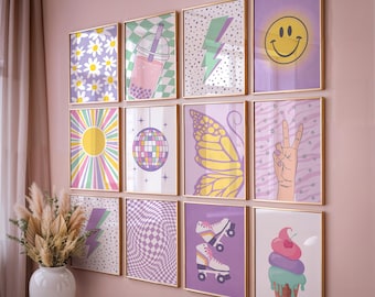 Preppy girly wall art prints, Teen girl bedroom ideas with lavender art prints, Purple printable girls bedroom posters, Sage green print set