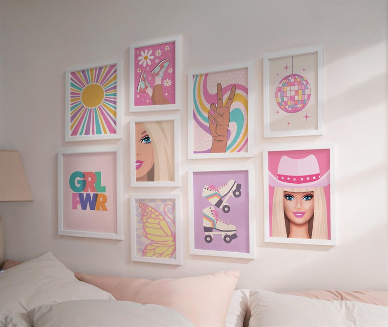 May include: A collection of framed wall art with a retro theme. The art features a variety of designs, including a sunburst, a peace sign, roller skates, a disco ball, and a Barbie portrait. The color palette includes pink, yellow, and blue.