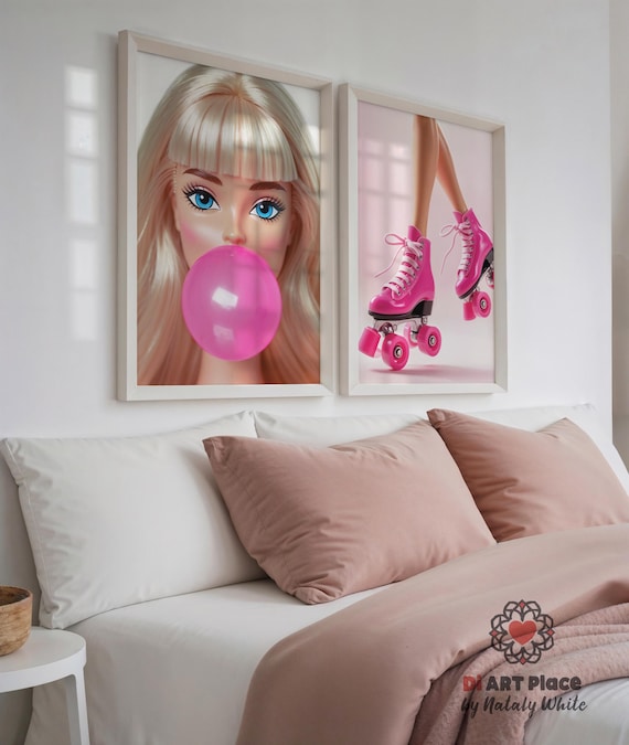 Pink wall art home decor prints, Pink preppy wall art set of 2 digital prints, Fashion doll with bubble gum, Roller skates downloadable art