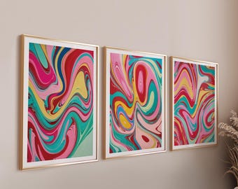 Abstract colorful wall art set of 3 digital prints, Swirl funky modern wall art, Apartment wall decor, Digital art download poster print