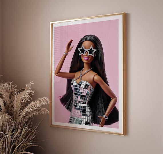 Cute pink wall art disco poster aesthetic room decor, Apartment wall art African American Fashion Doll dorm room print, Room decor for teens