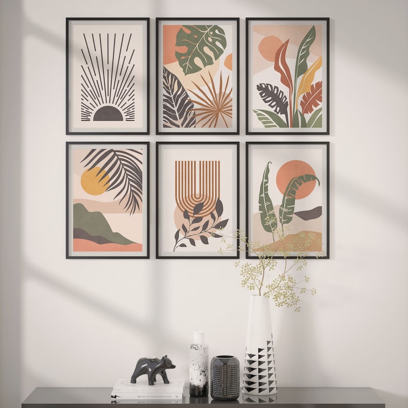 Set of 6 tropical Boho prints is modern neutral printable wall decor for the bedroom, living room, bathroom, kitchen etc.