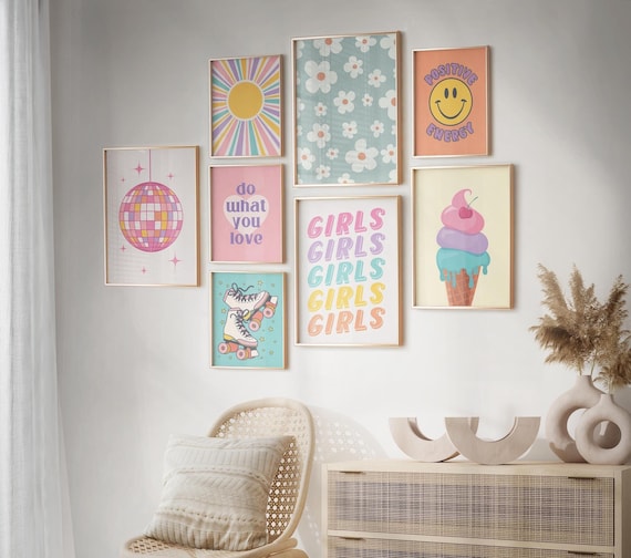 Retro groovy wall art set of 8 motivational poster bundle, Light blue wall art girly room decor for teens, Cool wall art funny art print set