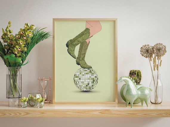 Wall Prints Trendy Cowgirl Disco Ball Poster, Girls Room Wall Art Mirrorball Poster, Sage Green Wall Art Disco Home Decor, Western Art Print