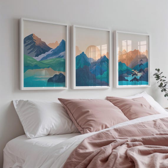 3 Piece Wall Art Set Of Three Prints, Living Room Wall Art Set Of 3 Prints, Navy Blue Wall Art Prints Digital Download Modern Landscape Art