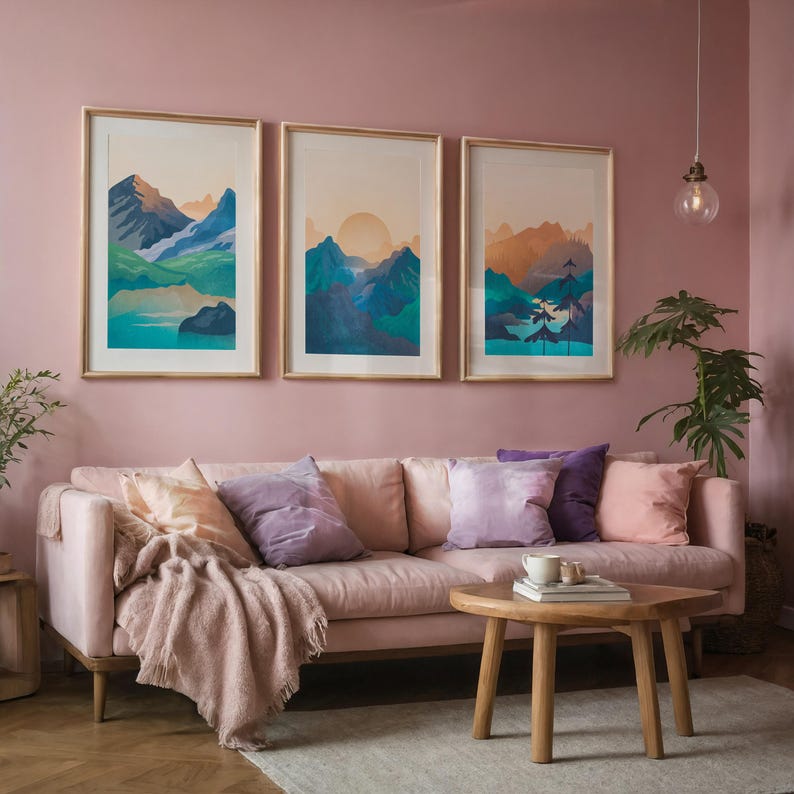 3-teiliges Wandkunst-Set mit drei Drucken, Wohnzimmer-Wandkunst-Set mit 3 Drucken, marineblaue Wandkunst druckt digitaler Download moderne Landschaftskunst Bild 5