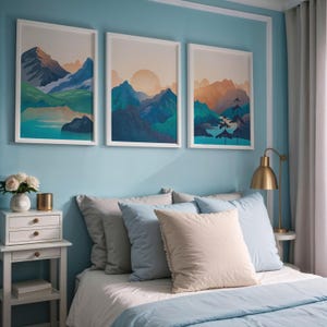 3-teiliges Wandkunst-Set mit drei Drucken, Wohnzimmer-Wandkunst-Set mit 3 Drucken, marineblaue Wandkunst druckt digitaler Download moderne Landschaftskunst Bild 8
