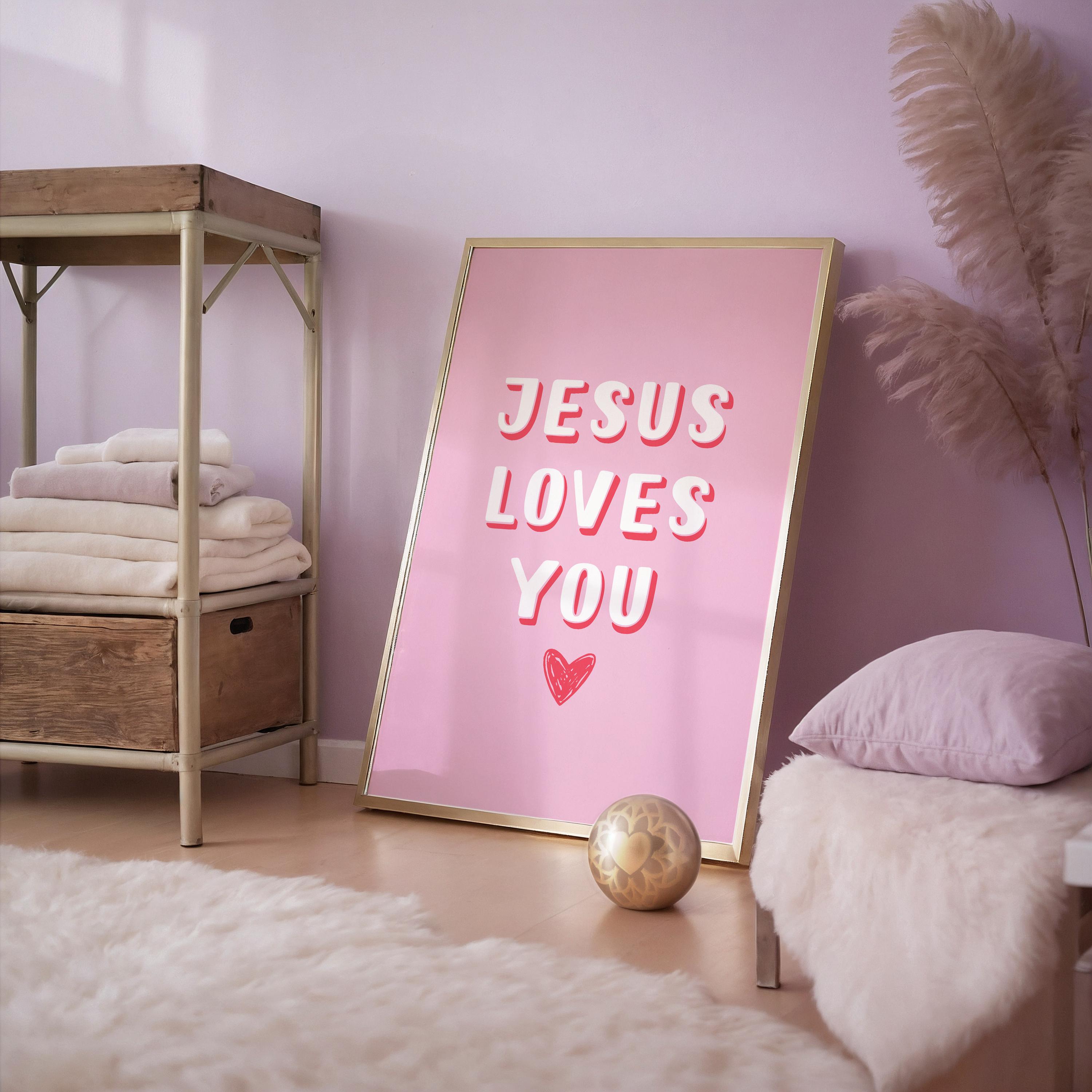 Retro Pink Wall Art Poster Jesus Loves You, Printable Wall Art