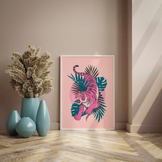Apartment Decor Aesthetic Art Download, Tropical Wall Art Print, Pink Tiger Art Print, Palm Leaves Art Tiger Poster, Preppy Tiger Wall Art