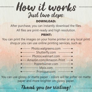 May include: A digital download guide with instructions on how to download and print digital files. The guide lists several online printing services, including Photo.walgreens.com, Shutterfly.com, Photos.walmart.com, Amazon.com/Amazon-Print, Posterburner.com, Mpix.com, and Printique.com. The guide also mentions that you can use glossy or matte paper for printing.