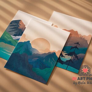3-teiliges Wandkunst-Set mit drei Drucken, Wohnzimmer-Wandkunst-Set mit 3 Drucken, marineblaue Wandkunst druckt digitaler Download moderne Landschaftskunst Bild 2