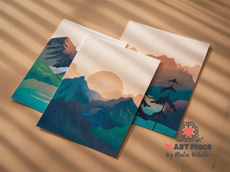 3-teiliges Wandkunst-Set mit drei Drucken, Wohnzimmer-Wandkunst-Set mit 3 Drucken, marineblaue Wandkunst druckt digitaler Download moderne Landschaftskunst Bild 2