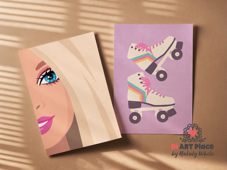 May include: Two art prints. One features a blonde woman's face with blue eyes and pink lips. The other shows two white roller skates with pink laces and rainbow stripes on a purple background. The art is signed by Nataly White.