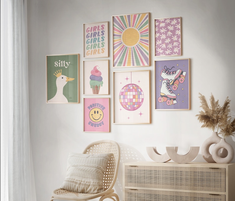 Girly wall art set of 8 preppy prints for bedroom of high quality in different ratios (custom sizes or colors on request)