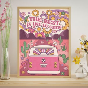 Decoración de habitación de moda preppy, decoración de habitación linda con autobús retro, póster rosa de decoración de pared preppy, arte de pared preppy rosa con decoración pastel danesa