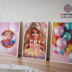 Arte imprimible para decoración de pared de fiesta de cumpleaños, lindo juego de 3 impresiones de carteles rosas, muñeca de moda con pastel de cumpleaños, arte de pared de bola de discoteca colorida