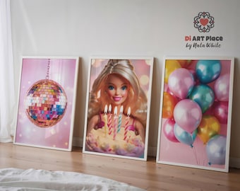 Birthday party wall decor printable art, Cute print set of 3 pink posters, Fashion Doll with birthday cake, Colorful disco ball wall art