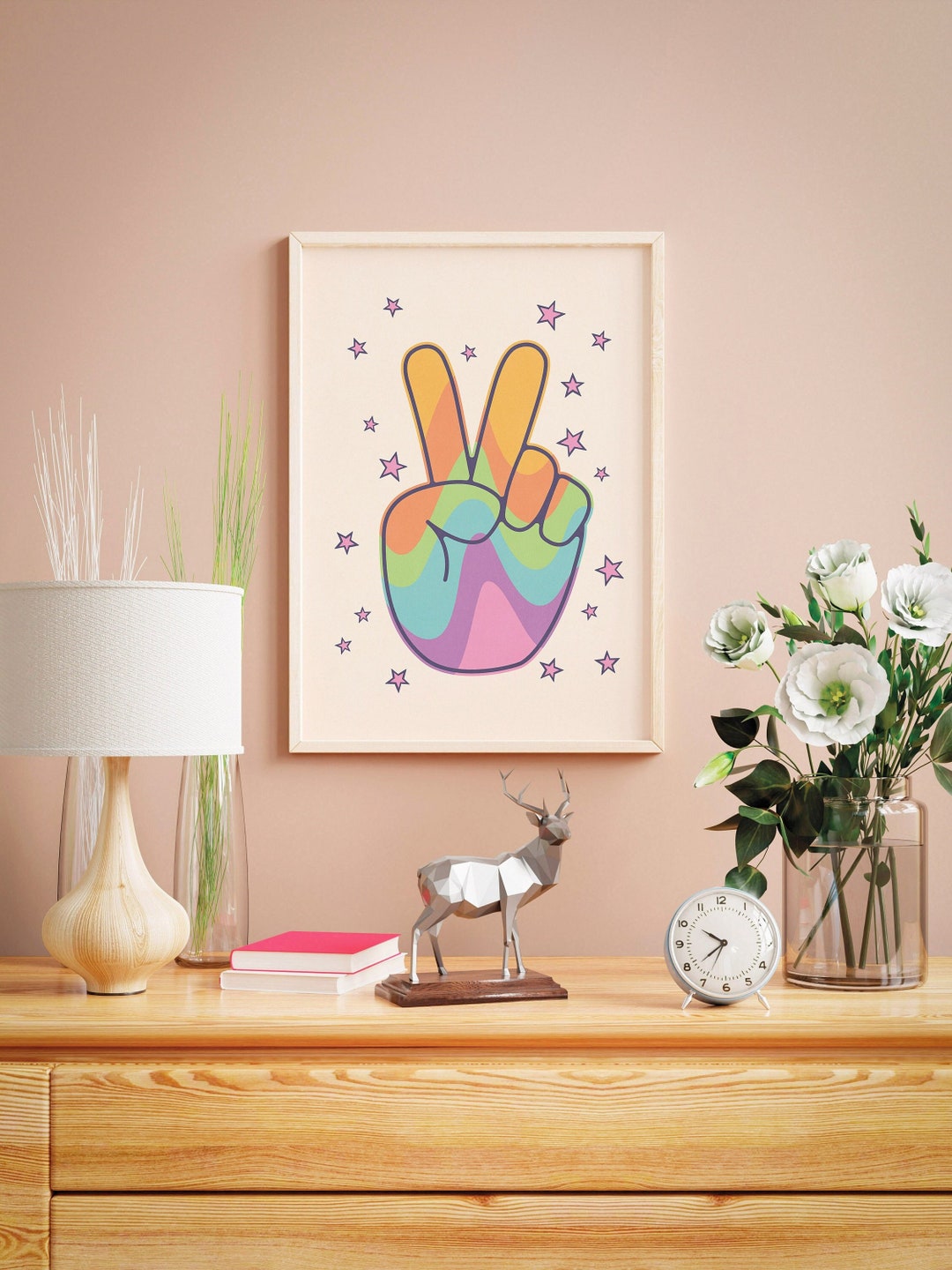 Rainbow Wall Art Printable Positive Poster, Retro Indie Art Print Peace ...
