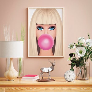 Barbie with a bubble gum is modern trendy printable wall decor for the bedroom, teen room, dorm room, bathroom etc.
