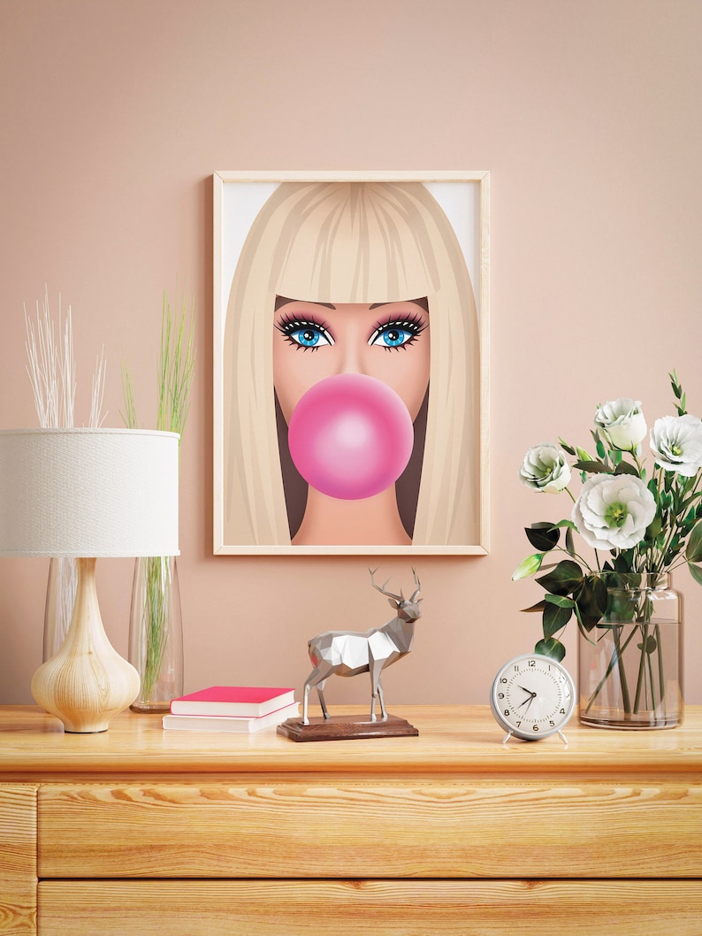 Barbie with a bubble gum is modern trendy printable wall decor for the bedroom, teen room, dorm room, bathroom etc.